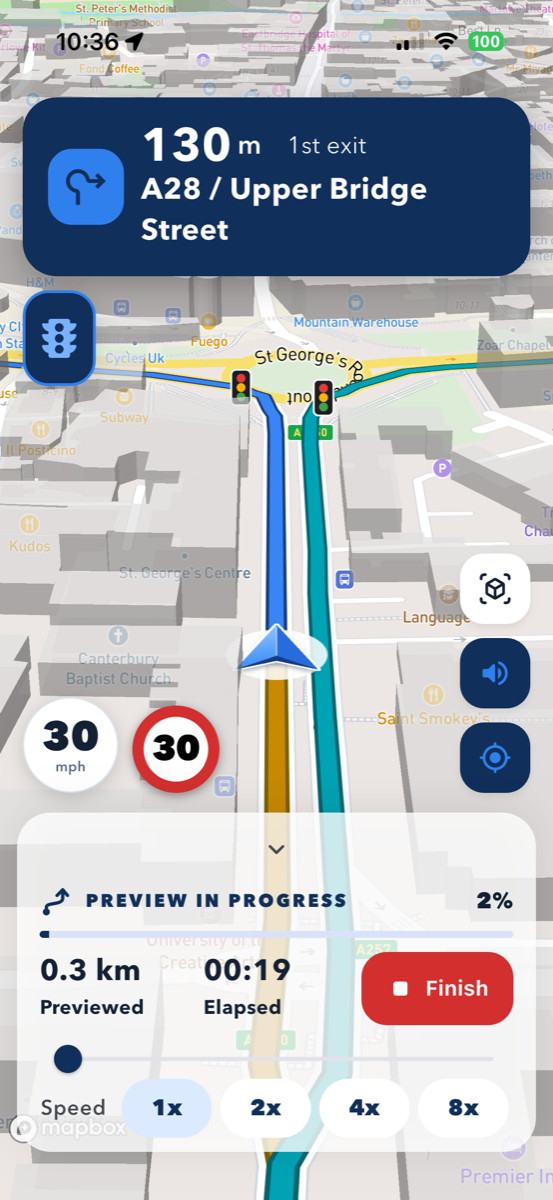 UK Routes navigation preview showing a roundabout instruction and the road ahead
