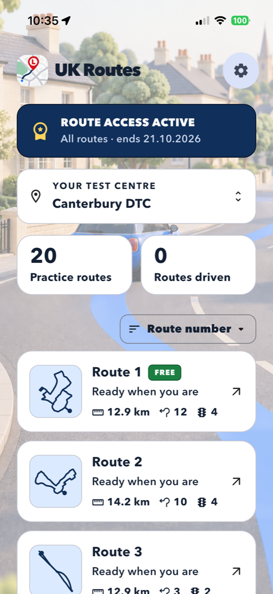 The UK Routes app route list, showing Canterbury practice routes